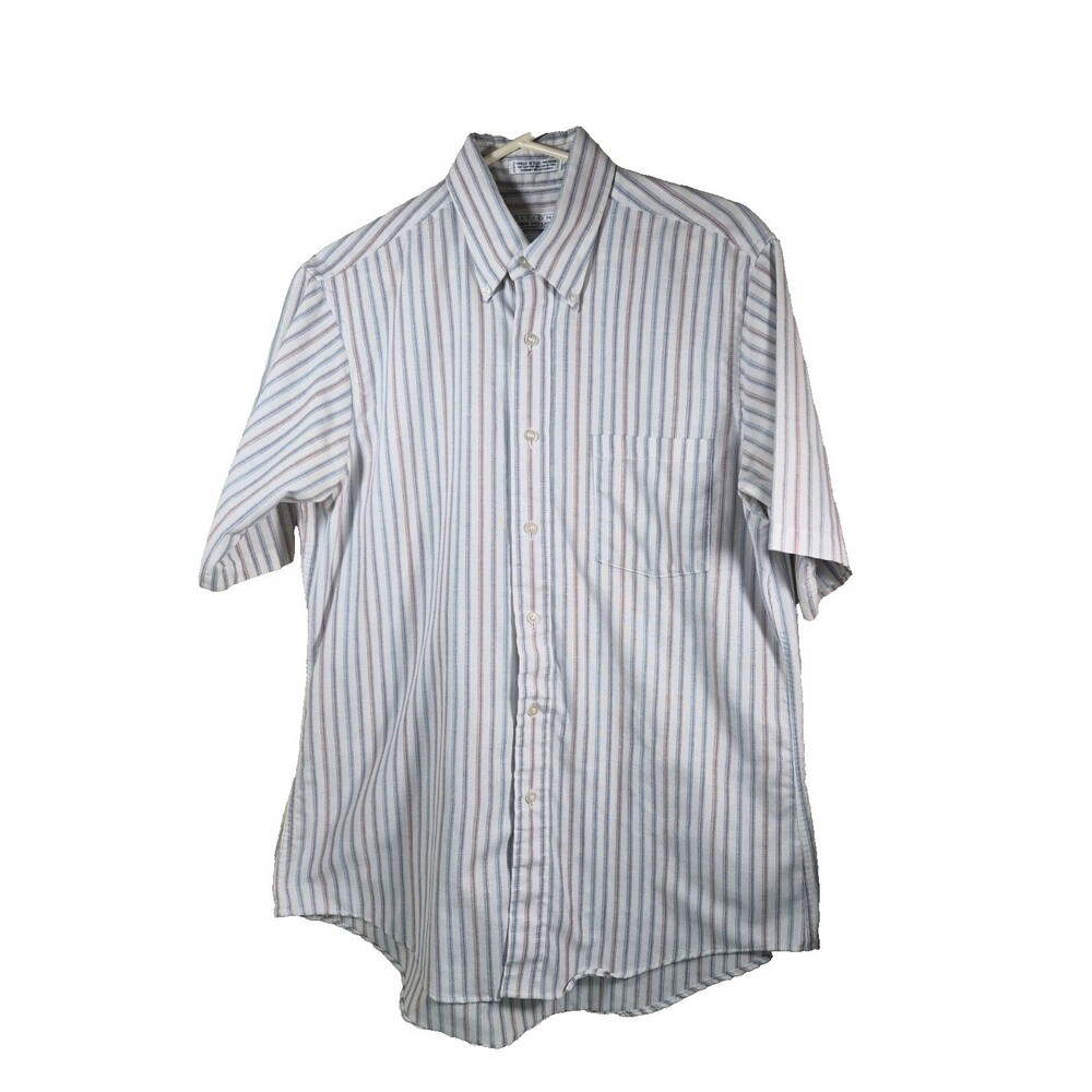 Vintage Van Heusen Short Sleeve Striped Button Down Shirt Size 16 White Red Blue